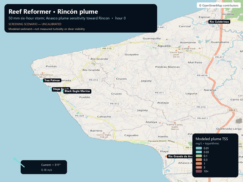 Animated map of the modeled Añasco sediment plume moving toward three Rincón reef receptors at 12, 24, and 48 hours